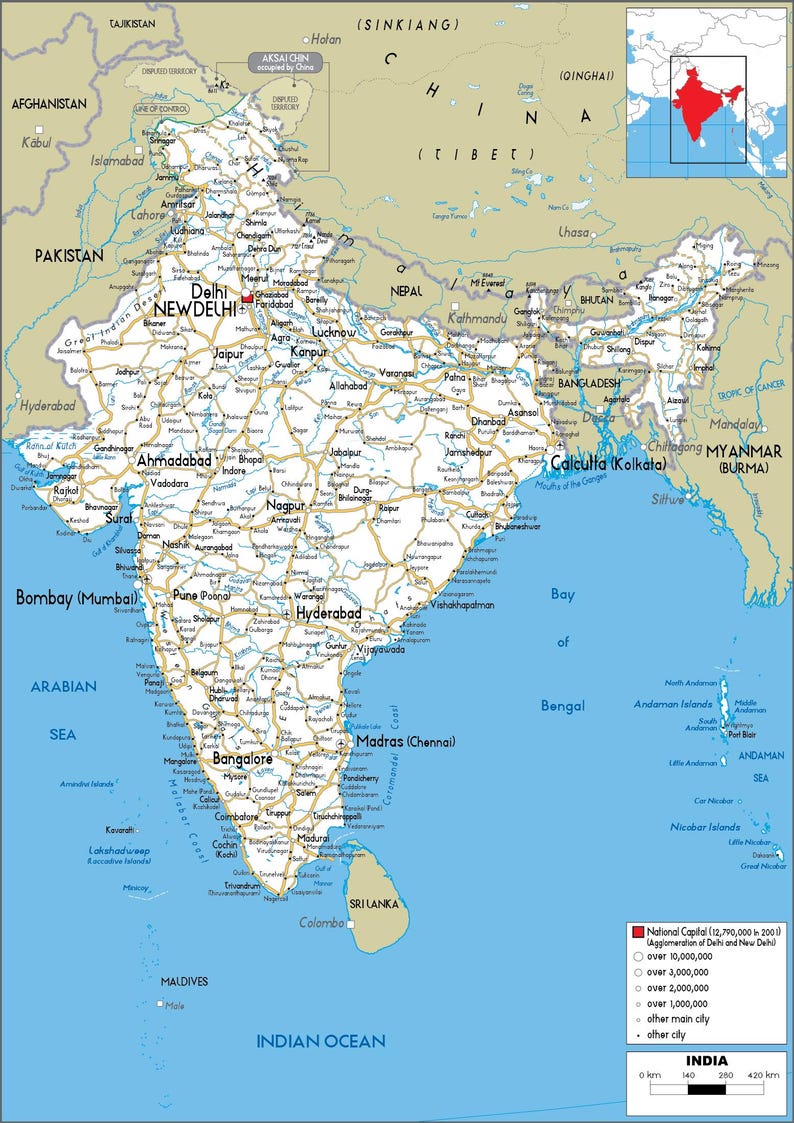 Mappa dettagliata dell'INDIA stampabile, politica, topografia e strade, formato A3, poster digitale scaricabile per istruzione, affari, viaggi o arredamento per la casa immagine 14