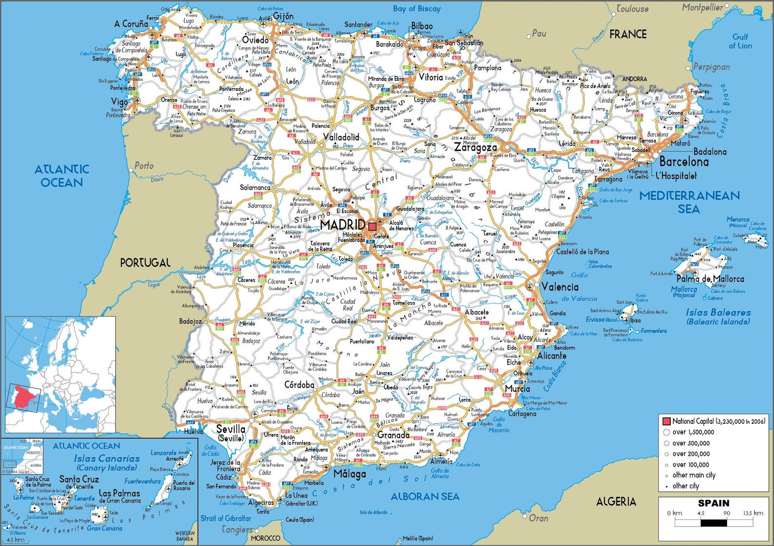 SPAIN Detailed Political Map + 2 Bonus: Topography and Road Network ...