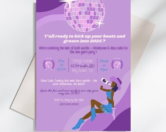 Disco Cowgirl New Year's Eve Party Invitation, Editable Digital Invite, Western Glitter NYE Printable Template, NYE party invite black woman