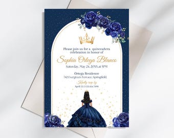 Royal Blue and Gold Quinceañera Digital Invite | Editable Instant Download | Floral Crown Theme sweet 16 birthday invite 15 birthday