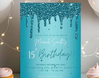 Blue Turquoise Glitter Birthday Invitation | 15th Birthday Party Invite | Sparkle Glitter Sweet 15 Invite | Printable Birthday Invitation