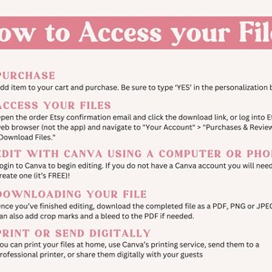 Puede incluir: Una infograf&iacute;a rosa y blanca titulada "C&oacute;mo acceder a tus archivos". Proporciona instrucciones sobre la compra, el acceso, la edici&oacute;n con Canva, la descarga y la impresi&oacute;n de archivos. Los iconos incluyen un carrito de compras, un puntero de mano, el logotipo de Canva, una flecha de descarga y un sobre.