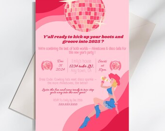 Cowgirl Disco pink NYE Party Invitation, Rhinestone Cowboy Glam pink Printable, 2025 New Year’s Eve Invite, Glam Cowgirl Disco new years