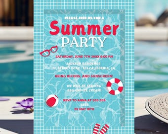 Summer Pool Party Invitation, Customizable Poolside BBQ Invite, Summer pool party birthday invite, spring summer birthday invite, pool party