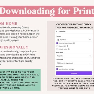 Puede incluir: Gr&aacute;fico rosa y blanco con instrucciones para descargar un dise&ntilde;o para imprimir. El texto incluye pasos para imprimir en casa y profesionalmente, con opciones para impresi&oacute;n PDF, marcas de corte y perfiles de color.