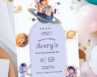 Astronaut 1st Birthday Invitation Space Themed First Trip Around the Sun Party Invite, Outer Space Birthday Invite, Astronaut First Birthday
