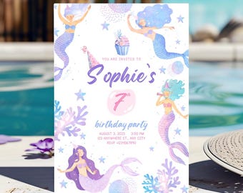 Mermaid Birthday Invitation, Under the Sea invite, Girls Mermaid Birthday Invite, Ocean Theme birthday, girl birthday invite