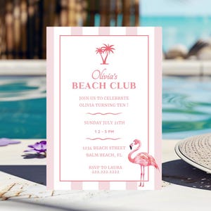 Beach Club-Geburtstagsfeier-Einladung, Tropischer Strand-Geburtstag, benutzerdefinierte Strand-Geburtstagsfeier-Karte, Flamingo-Strand-Geburtstag, Sommerparty