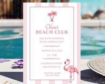 Beach Club Birthday Party Invitation, Tropical Beach Birthday, Custom Beach Themed Birthday Party Card, Flamingo Beach Birthday, summerparty