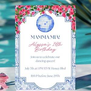 Mamma Mia Birthday Invitation, ABBA Inspired Birthday Invitation, Birthday Disco Party, Greece birthday invite,Dancing Queen Birthday Invite