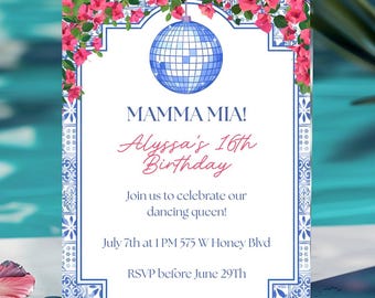 Mamma Mia Birthday Invitation, ABBA Inspired Birthday Invitation, Birthday Disco Party, Greece birthday invite,Dancing Queen Birthday Invite