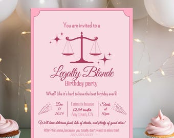 Legally Blonde Birthday Party Invitation | Pink Glam Movie-Themed Party Invite, Digital Download, legally blonde birthday decor, pink party