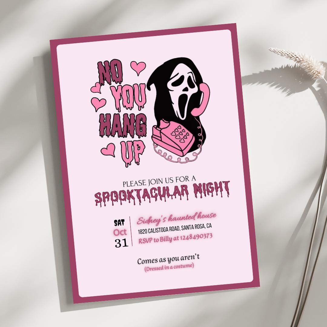 Ghost face Halloween Party Invitation, Scream halloween Invite, pink halloween party invite, retro pink halloween party, killer halloween