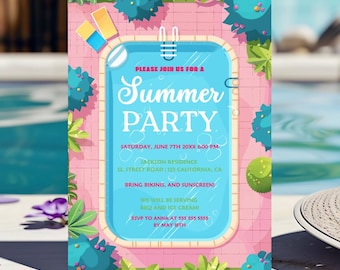Pool Party Summer Invitation, BBQ & Ice Cream dinner, Customizable Pool Party Invite, summer birthday party digital invite