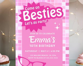Pink doll Birthday Invitation, Bbie Birthday Invite, Besties Pink Birthday Invitation, Pink Glam Party, Pink Retro Birthday Invite