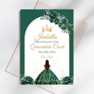 Green and Gold Quinceañera Court Proposal Invitation, Quinceañera Dama Proposal Invitation, Dama Invite Card, green Quinceañera Invite