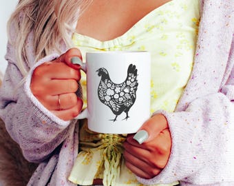 Taza de pollo: decoración floral rústica, regalo para amantes de los pollos