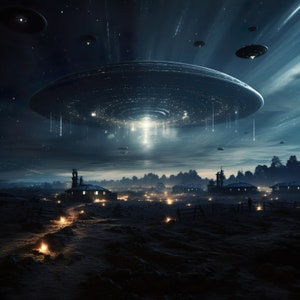 May include: A digital artwork showing a night scene with several UFOs above a rural town. A large, illuminated spacecraft dominates the sky, with smaller ones scattered around. Buildings and lights dot the landscape below, creating a dramatic, otherworldly atmosphere.