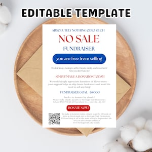 May include: A white flyer with blue and red text, promoting a fundraiser. The flyer includes the text "NO SALE FUNDRAISER" and "DONATE NOW!" The flyer is on a wooden plate with a brown envelope.