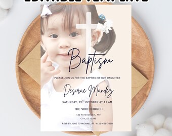 Minimalist Baptism Invitation Template: Photo, Editable Text (Instant Download, 5x7 in)