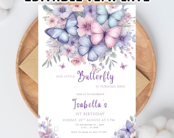 Blumen Schmetterling 1. Geburtstagseinladung, rosa & lila (Canva Template 5x7 "Digital Download)