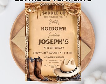 Bearbeitbare Cowboy-Geburtstagseinladung: Country-Western-Thema (13 x 18 cm, digitaler Download, PDF-Vorlage)