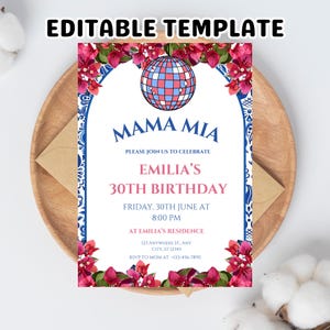Mamma Mia Birthday Invitation: Floral Greece Theme, Canva Template (Digital Download)