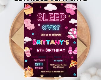 Neon Sleepover Birthday Invitation Template: Glow Party Invite (Digital Download, 5x7 in)