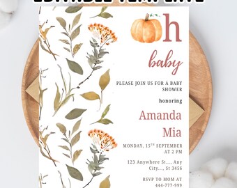 Pumpkin Fall Baby Shower Invitation Template: Customizable Girl Invite (PDF Download)