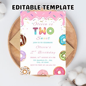 Two Sweet Invitation, Two Sweet Birthday, 2nd Birthday Party, Donut Ice Cream Candy Invite, Instant Download, Editable, Canva Template