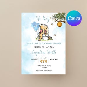 Invito modificabile per baby shower di Winnie the Pooh, invito digitale Oh Boy, invito di Winnie the Pooh, modello stampabile di Pooh, Pooh Baby