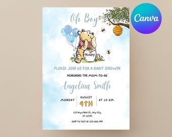 Editable Winnie the Pooh Baby Shower Invitation, Digital Invitation Oh Boy, Winnie The Pooh Invitation, Pooh Printable Template, Pooh Baby