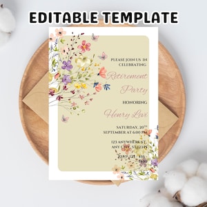 Convite para festa de aposentadoria com flores silvestres: Celebração no jardim, modelo editável do Canva (download digital)