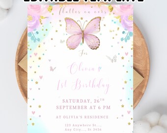 Faire-part d'anniversaire papillon modifiable - Invitation florale arc-en-ciel de jardin, design fantaisiste, téléchargement immédiat