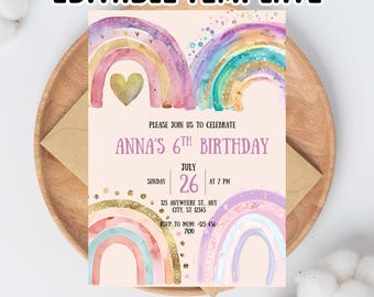 Pink Rainbow 6th Birthday Invitation: Editable Canva Template (5x7 in, Digital Download)