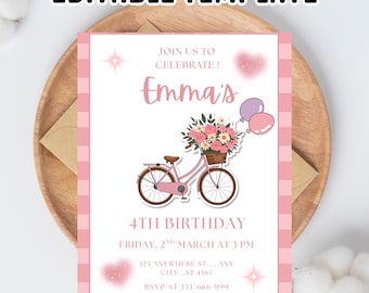 Pastel Bicycle Birthday Invitation: Vintage Girl Bike Party (Canva Editable, Digital Download)