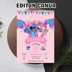Modello di invito di compleanno a tema Stitch, invito modificabile a tema Stitch su Canva, invito stampabile, invito modificabile, Lilo e Stitch, Lilo e Stitch