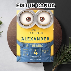 Modelo de convite de aniversário editável dos Minions, convites para festa de aniversário para imprimir, modelo de convite digital para festa infantil, cartão de aniversário Evite