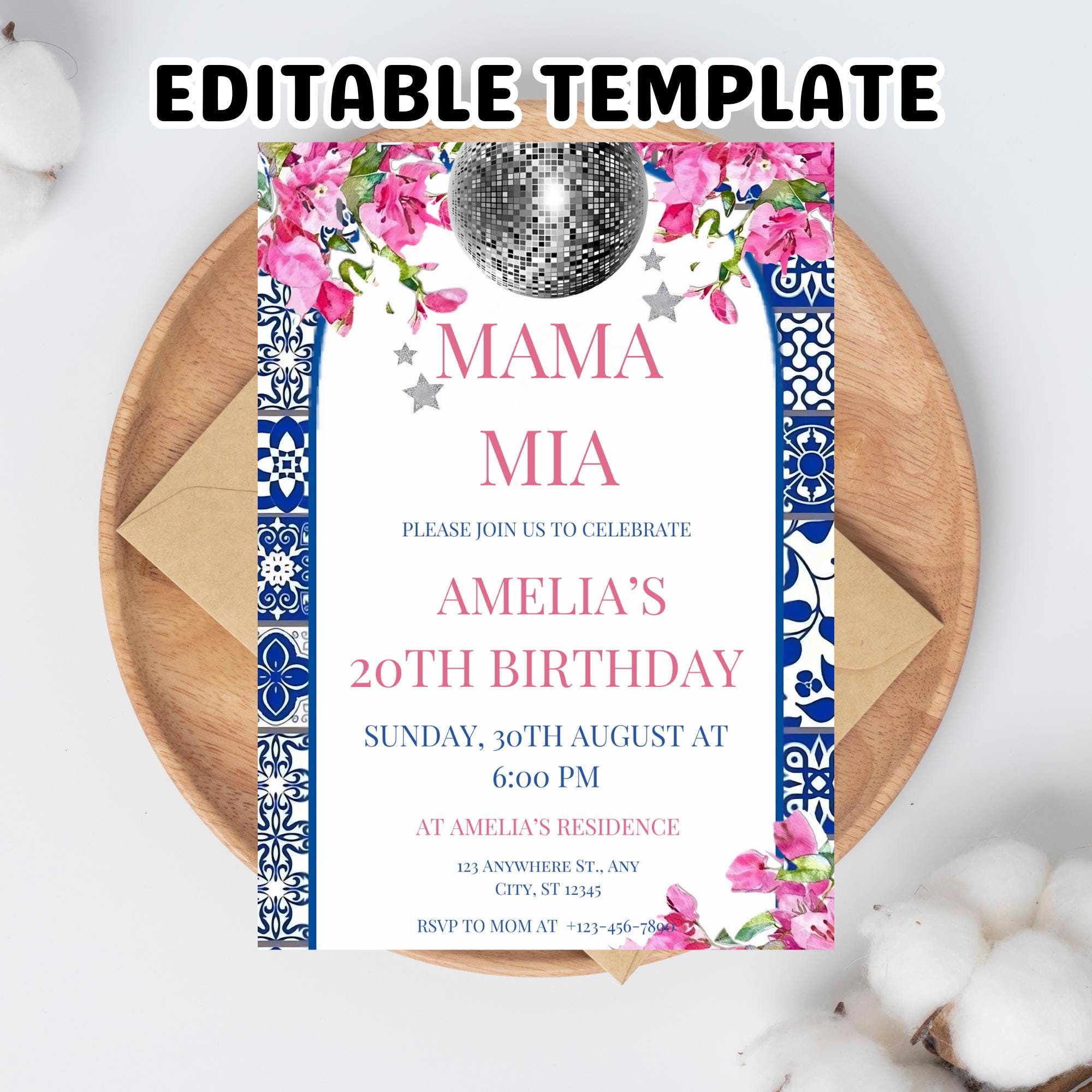 Bearbeitbare Mamma Mia-Geburtstagseinladung, tanzende Königin-Geburtstag einladen, griechische Party, Mamma Mia-Thema, digitale Einladungsvorlage