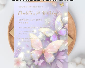 Editable Butterfly Birthday Invitation, Pink & Purple Butterfly Theme Party Invite | Instant Download Printable Template