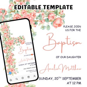 Vintage Floral Baptism Phone Invitation For A Girl, Floral Invitation Template, Baptism Invitation Dusty Pink Template, Elegant Invitation