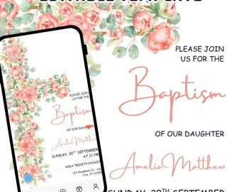Vintage Floral Baptism Phone Invitation: Dusty Pink Template (Digital Download)