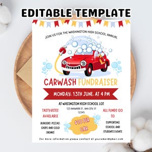 EDITABLE Car wash Fundraiser Flyer, PTA PTO Flyer, School Benefit Fundraiser Event Poster Digital, Fundraiser Invitation Instant Download