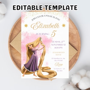 Editable Rapunzel Birthday Invitation, Princess Birthday Invitation, Birthday Tangled Invitation, Digital Evite, Canva Template