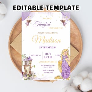 Birthday Invitation Rapunzel Party Invite Princess Theme Canva Templete, Rapunzel Birthday Evite Editable Canva Template
