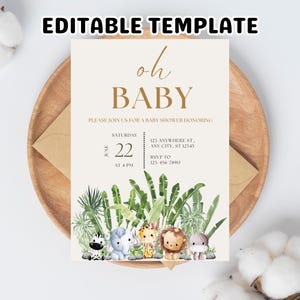 Oh Baby Safari Baby Shower Invitation, Gender Neutral Jungle Animals Baby Shower Invite, Giraffe Tiger Lion Elephant Theme, Canva Template