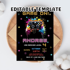 Gamer Birthday Invitation: Editable Video Game Party, Level Up (PDF Download)