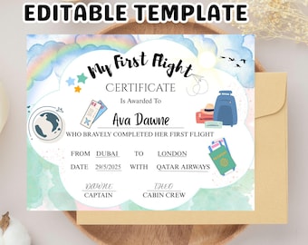 My First Flight Certificate, Kids Certificate, Editable Certificate, Travel Certificate, Flying Certificate, Vacation Gift, Digital Print