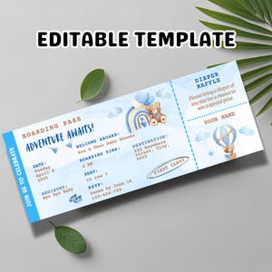 Invitación para baby shower "Aventura te espera" con tarjeta de embarque, plantilla editable, descarga digital instantánea, vintage, baby shower de viaje, azul