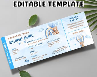 Vintage Travel Baby Shower Invitation: Adventure Awaits Boarding Pass (Digital Download, Editable Template)